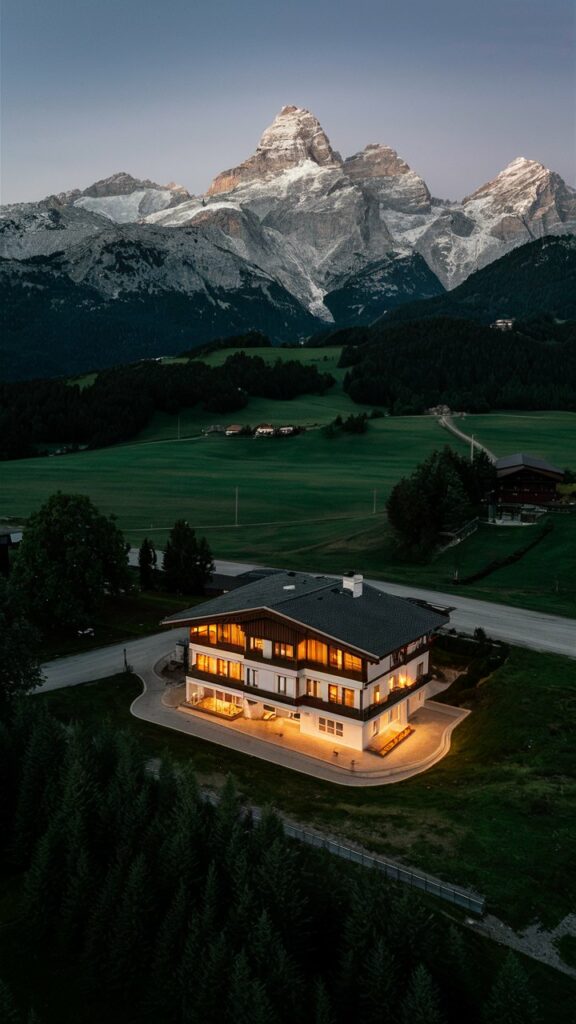 Beleuchtetes Landhaus in Tirol bei Dämmerung mit majestätischen Bergen im Hintergrund, eingefangen durch einen professionellen Immobilien-Drohnenflug