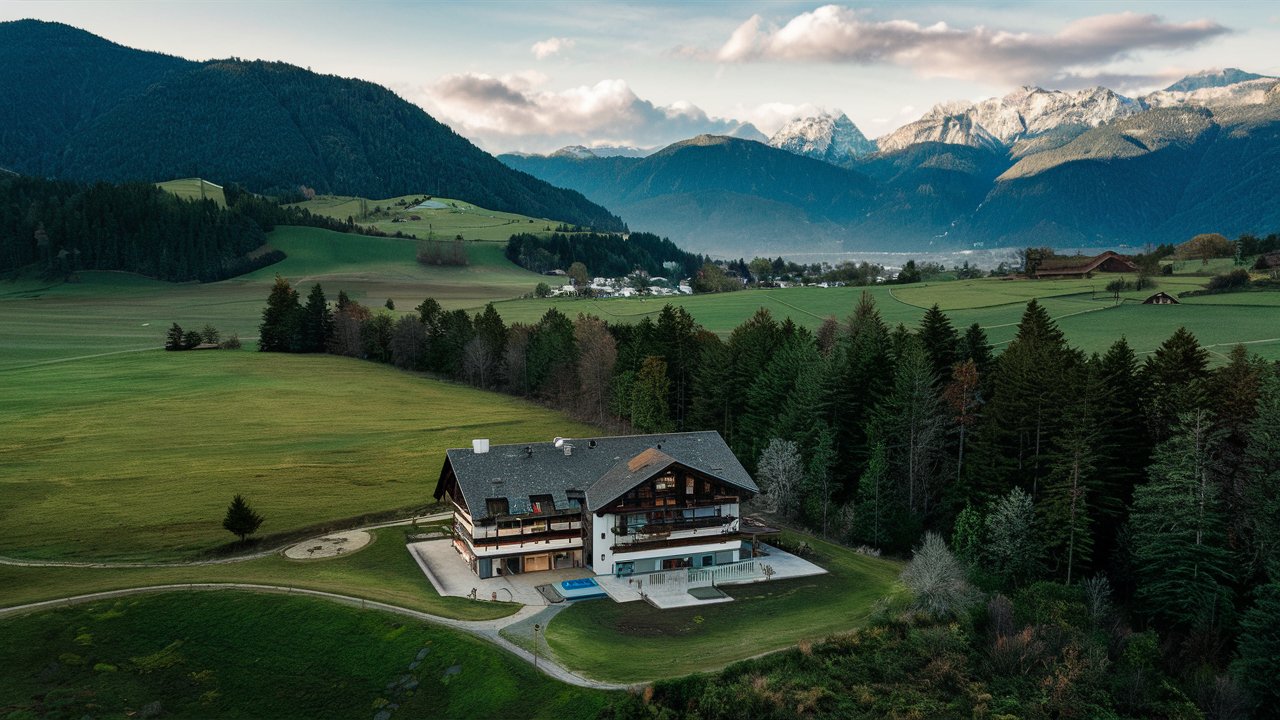 Luftaufnahme eines luxuriösen Landhauses mit Garten in malerischer Berglandschaft, optimiert für Immobilienmarketing durch Drohnenflüge