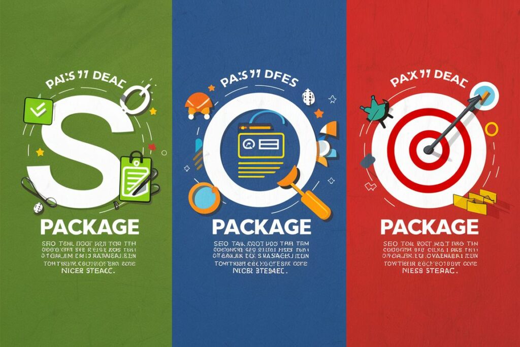Dreiteiliges Design mit Farbblöcken und Symbolen, die verschiedene SEO-Servicepakete von SEO Agentur Tirol darstellen.