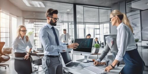 business team analyzing SEO data on computer screens in modern office