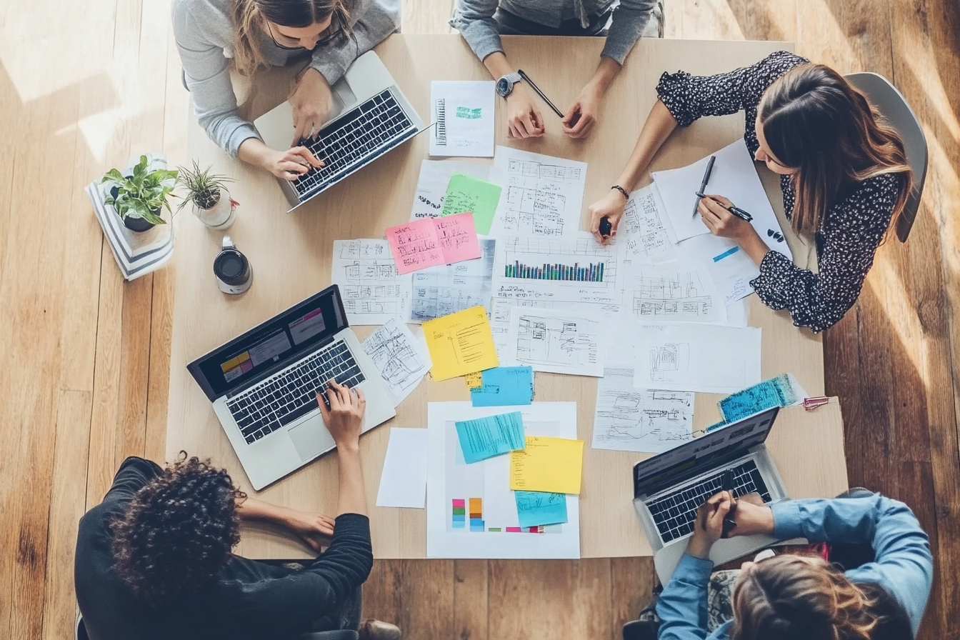 Ein kreatives Team plant die Produktion eines Imagevideos am Tisch, umgeben von Notizen und Laptops. Auf dem Bildschirm sind Storyboards und Grafiken sichtbar, die die zentrale Botschaft darstellen. Das Ambiente strahlt Zusammenarbeit und Engagement aus, während eine Kameraanhaltung und technische Ausrüstung im Hintergrund auf die bevorstehende Produktion hinweisen.