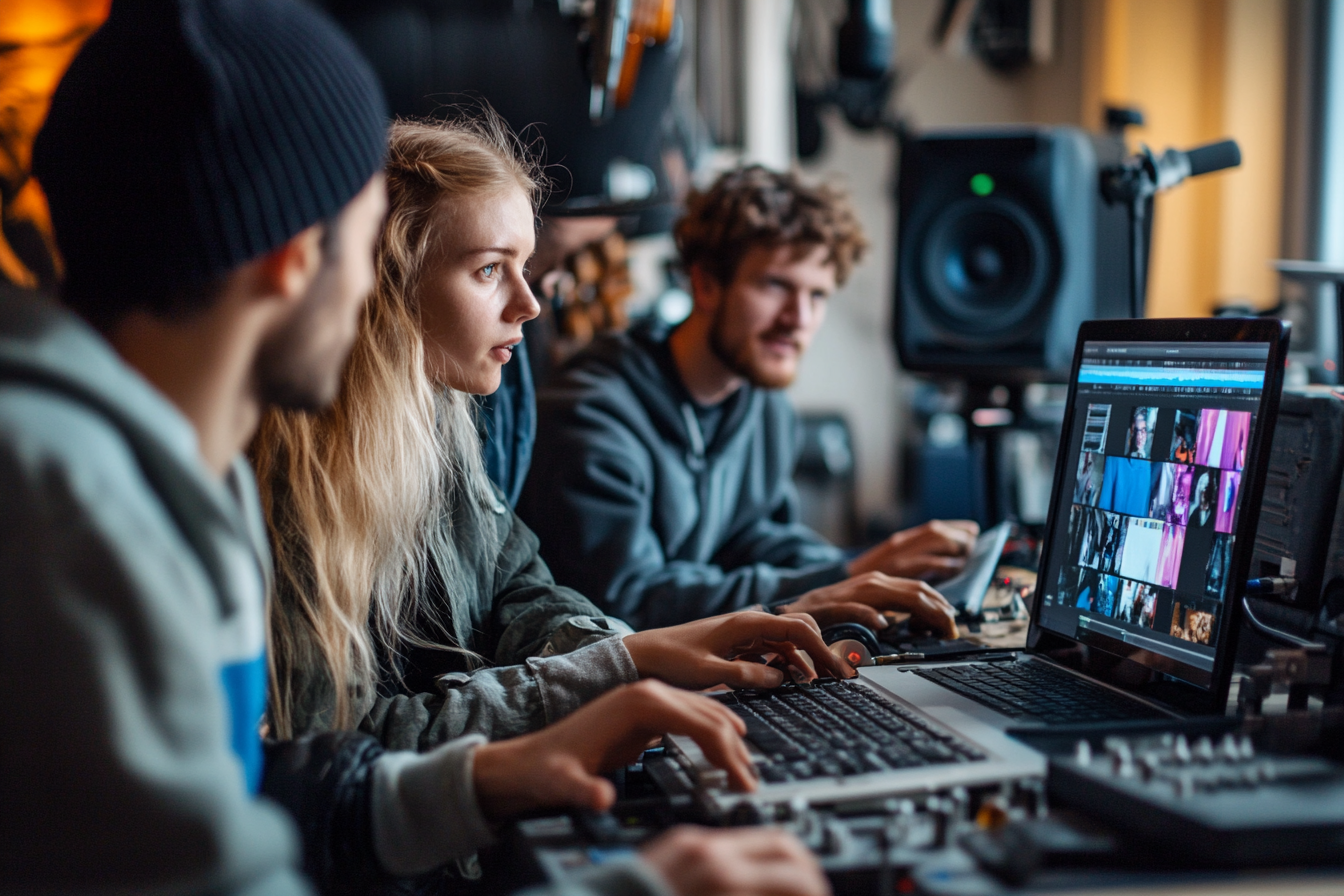 Ein Bild zeigt eine Gruppe von Menschen, die in einem kreativen Umfeld an einem Video arbeiten. Im Hintergrund sind verschiedene Musik­instrumente sichtbar, während einige Mitarbeiter an einem Laptop die emotionale Bildsprache planen. Die Atmosphäre ist inspirierend und unterstreicht die wichtige Rolle von Musik und Bildern in der Unternehmenskommunikation.