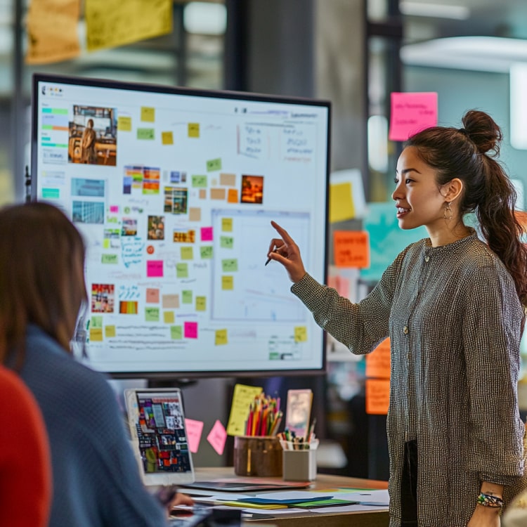 Eine lebendige und dynamische Marketingagentur-Szene mit einer Frau, die auf ein Whiteboard zeigt, das mit farbigen Haftnotizen und Grafiken bedeckt ist.