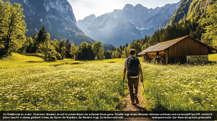 Ein Wanderer in den Tiroler Alpen läuft bei sonnigem Wetter auf einem schmalen Pfad durch eine blühende Almwiese mit Blick auf majestätische Berge und eine Holzhütte.