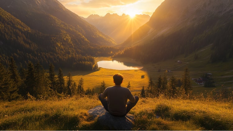 Eine Person sitzt meditierend auf einem Felsen in den Alpen, während die Sonne hinter den Bergen über einem malerischen Tal mit einem kleinen See untergeht.