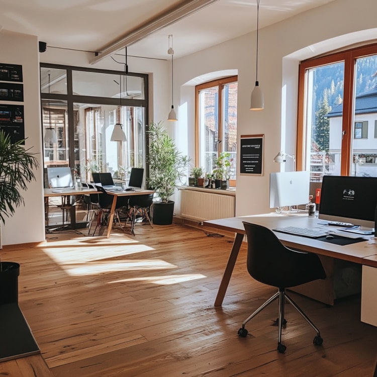 Ein modernes, lichtdurchflutetes Büro der Marketingagentur Tirol mit Holzfußboden, großen Fenstern und mehreren Arbeitsplätzen.