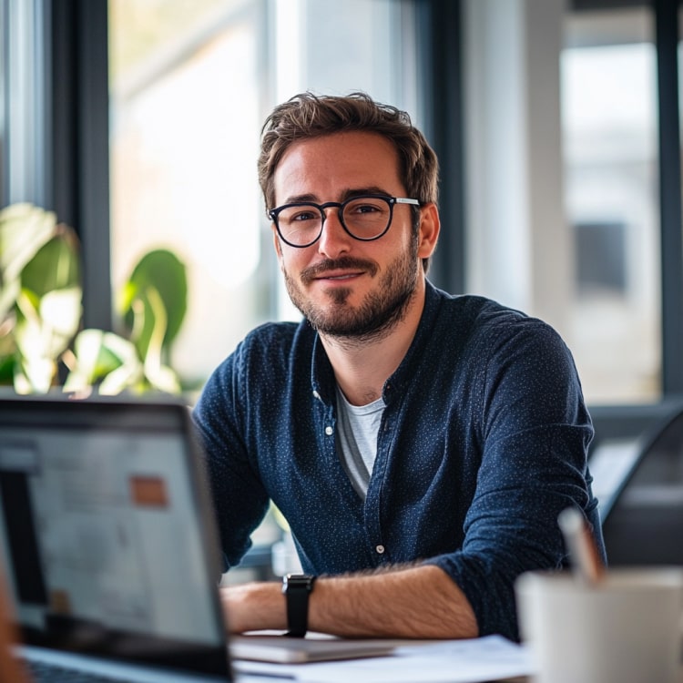 Ein junger Mann mit Brille und Bart sitzt in einem modernen Büro der Marketingagentur Tirol, lächelnd hinter einem Laptop.