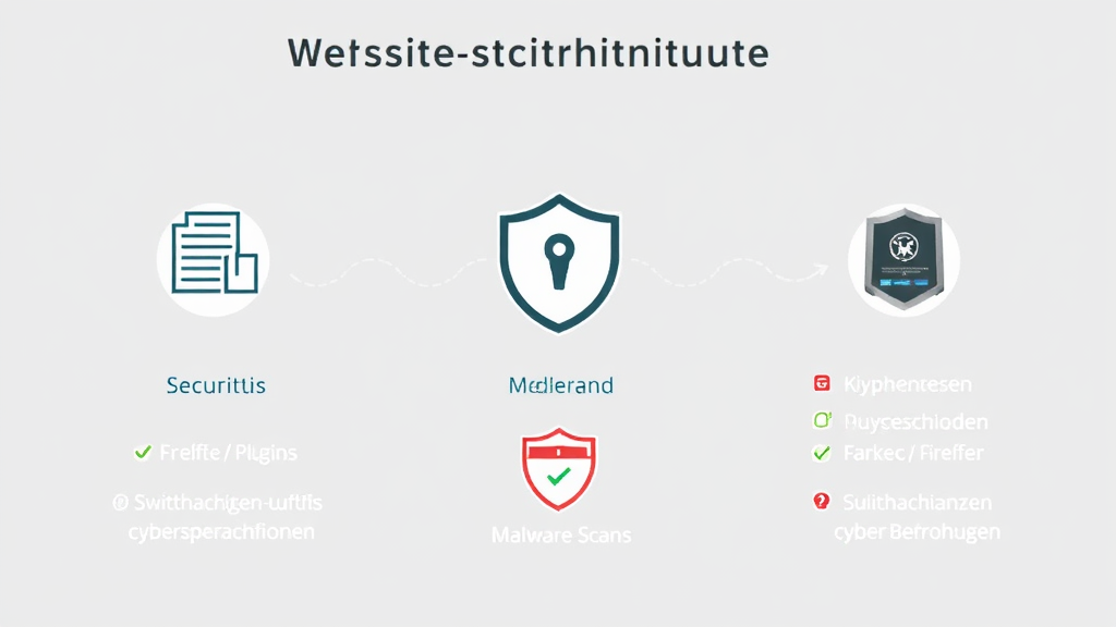 Grafische Darstellung einer Website-Sicherheitsarchitektur mit Icons für Sicherheits-Plugins, Firewall und Malware-Scans sowie Hinweisen zu Schutzmaßnahmen gegen Cyber-Bedrohungen.