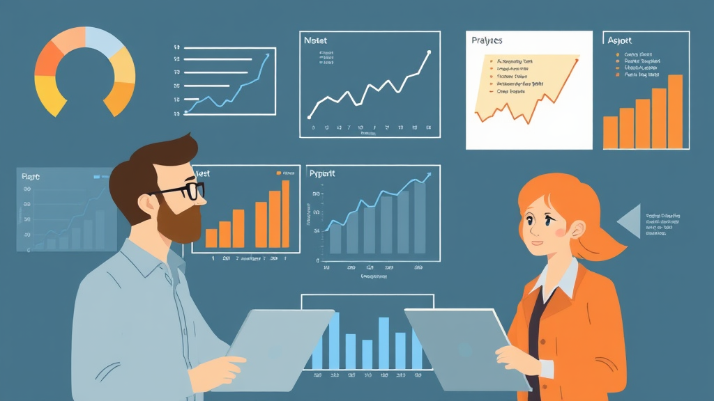 Illustration eines kleinen Unternehmens mit Diagrammen und Grafiken, die Datenanalysen zeigen, und Mitarbeitenden, die digitale Analysetools nutzen, um Entscheidungen zu treffen.
